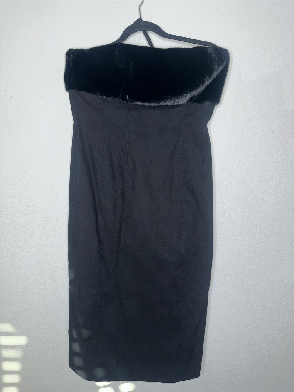 Anthropologie Black Strapless Sheath with Faux Fur Trim